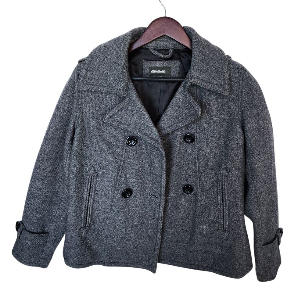 Eddie Bauer Women's M Gray Wool Blend Peacoat Jacket Classic Double Breasted